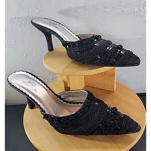 Y2K SO Wear It Declare It  Black Satin Beaded Slip On Kitten Heel Shoes Size 6 M